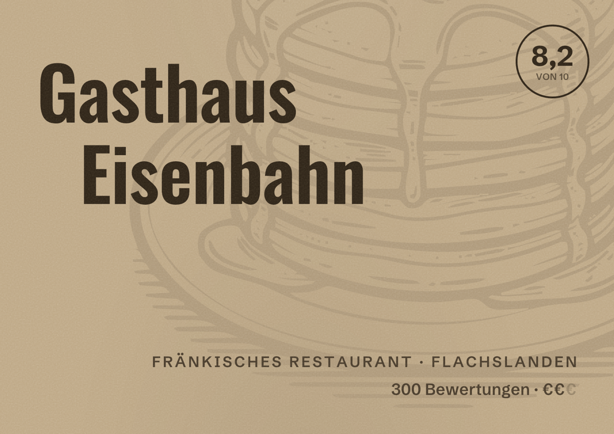 Illustriertes Poster von Gasthaus Eisenbahn, Fränkisches Restaurant in Flachslanden: Bewertung 8,2 von 10 aus 300 Bewertungen, Preisniveau €€