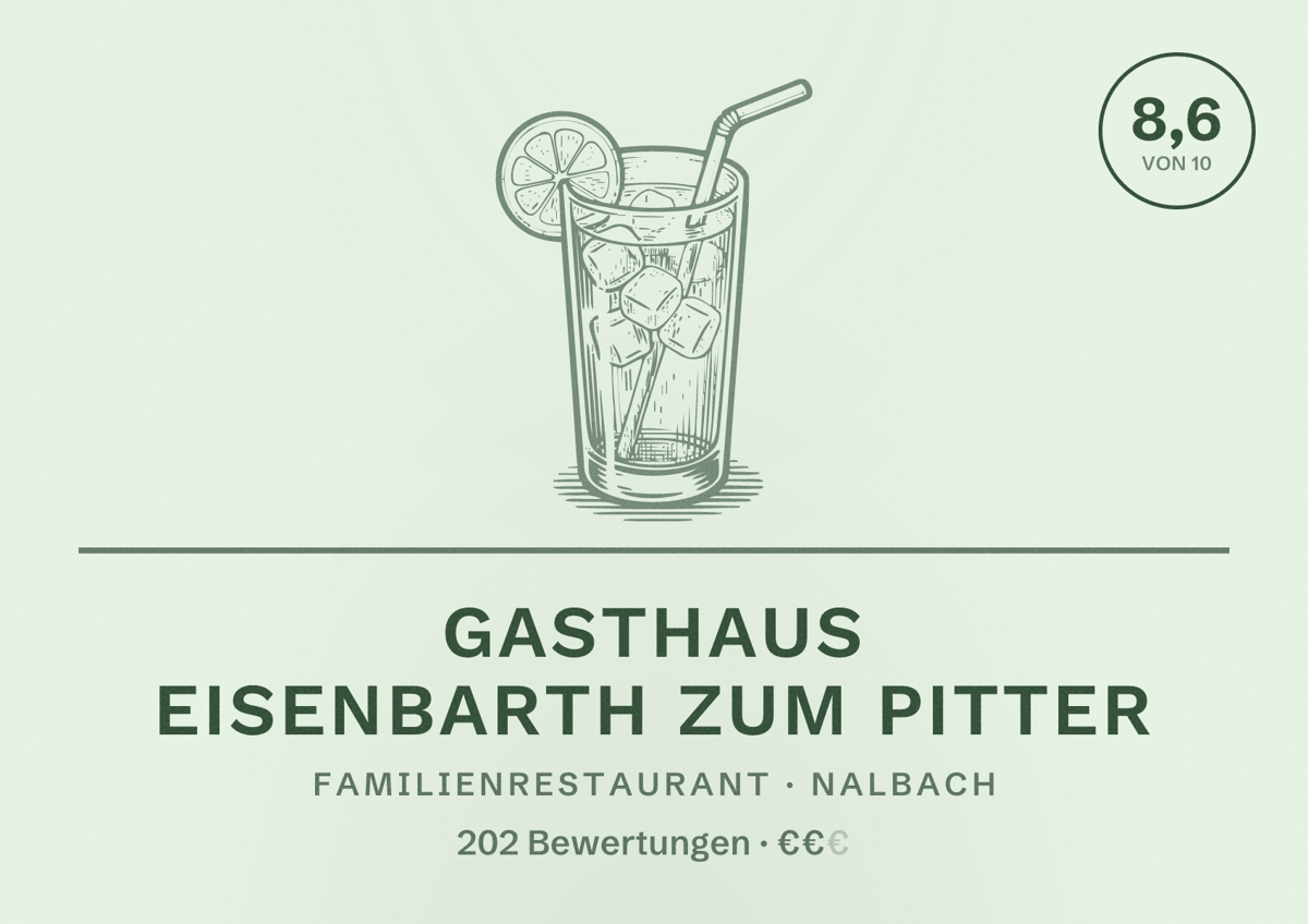 Illustriertes Poster von Gasthaus Eisenbarth Zum Pitter, Familienrestaurant in Nalbach: Bewertung 8,6 von 10 aus 202 Bewertungen, Preisniveau €€