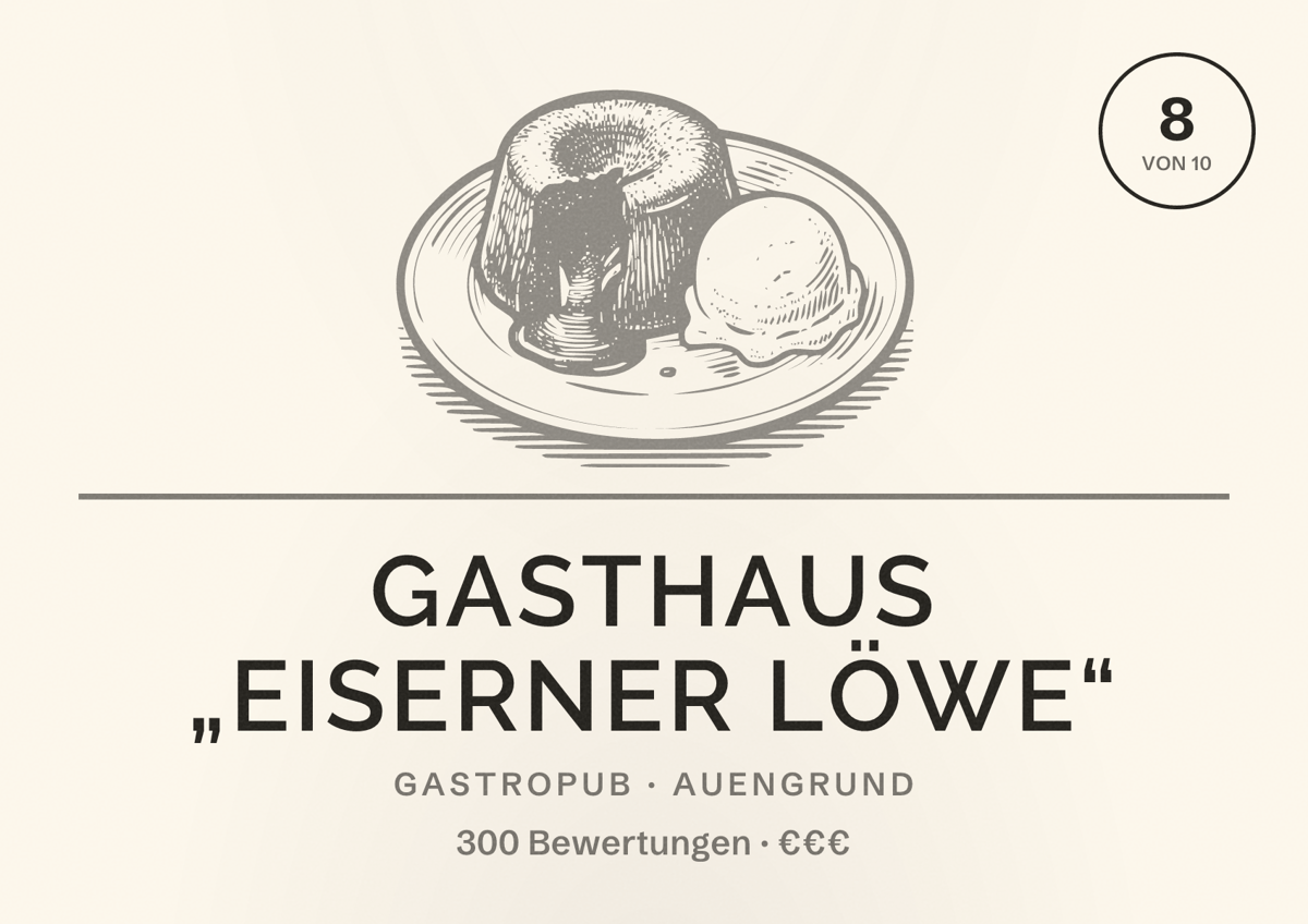 Illustriertes Poster von Gasthaus „Eiserner Löwe“, Gastropub in Auengrund: Bewertung 8 von 10 aus 300 Bewertungen, Preisniveau €€€
