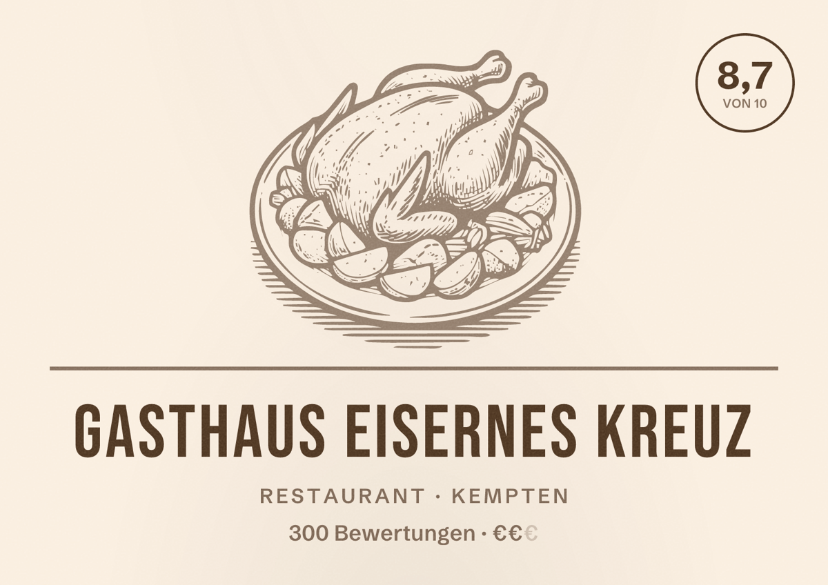 Illustriertes Poster von Gasthaus Eisernes Kreuz, Restaurant in Kempten: Bewertung 8,7 von 10 aus 300 Bewertungen, Preisniveau €€
