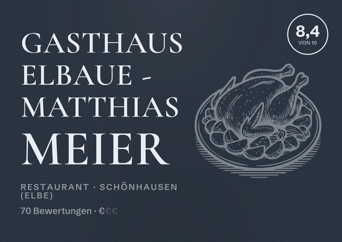 Illustriertes Poster von Gasthaus Elbaue - Matthias Meier, Restaurant in Schönhausen (Elbe): Bewertung 8,4 von 10 aus 70 Bewertungen, Preisniveau €