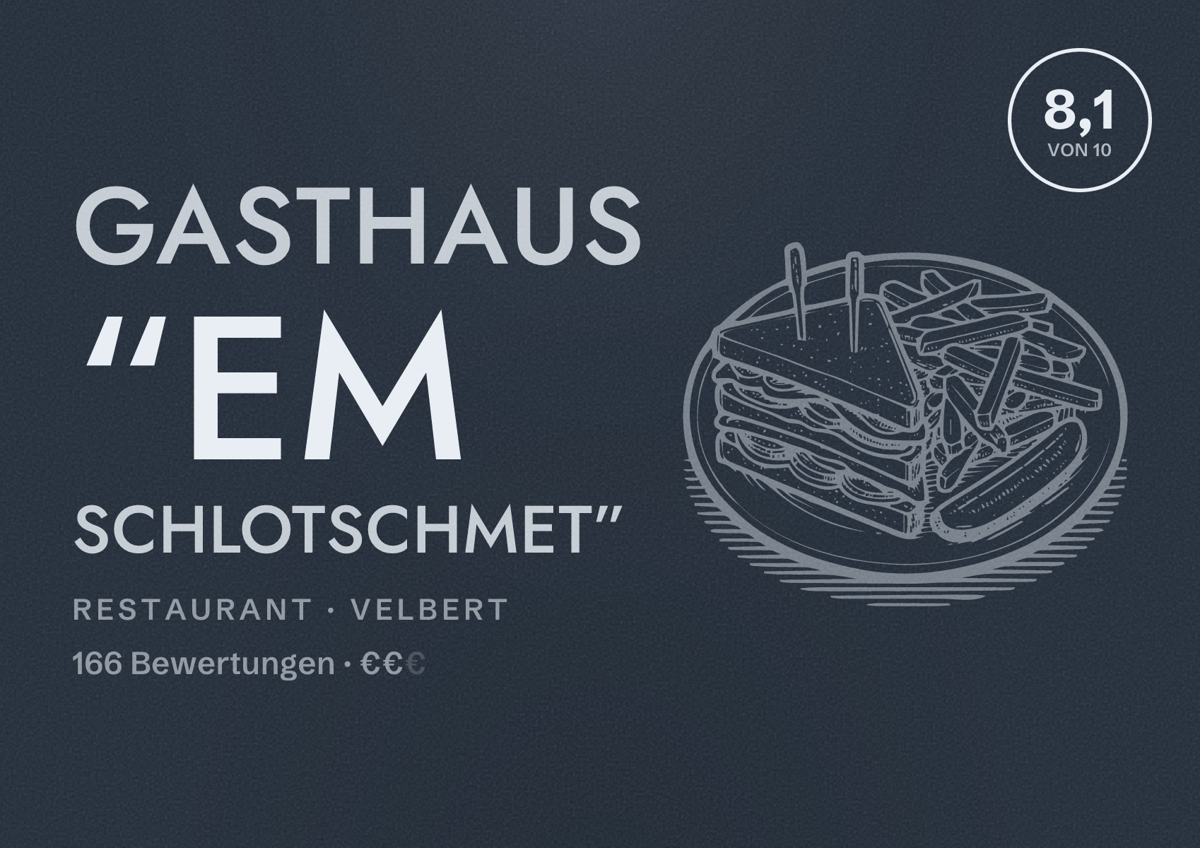 Illustriertes Poster von Gasthaus “Em Schlotschmet”, Restaurant in Velbert: Bewertung 8,1 von 10 aus 166 Bewertungen, Preisniveau €€