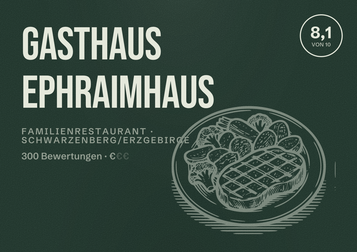 Illustriertes Poster von Gasthaus Ephraimhaus, Familienrestaurant in Schwarzenberg/Erzgebirge: Bewertung 8,1 von 10 aus 300 Bewertungen, Preisniveau €