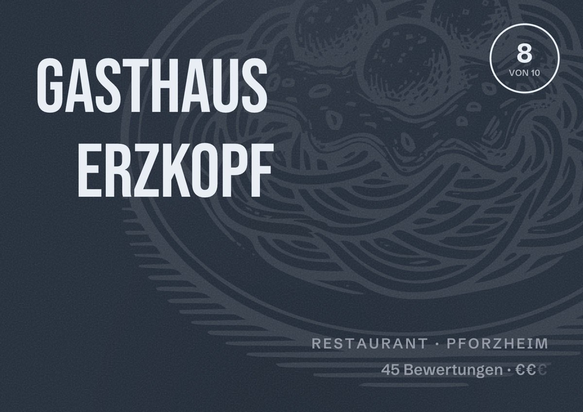 Illustriertes Poster von Gasthaus Erzkopf, Restaurant in Pforzheim: Bewertung 8 von 10 aus 45 Bewertungen, Preisniveau €€