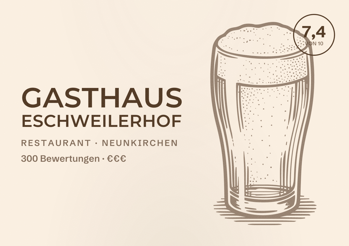Illustriertes Poster von Gasthaus Eschweilerhof, Restaurant in Neunkirchen: Bewertung 7,4 von 10 aus 300 Bewertungen, Preisniveau €€€