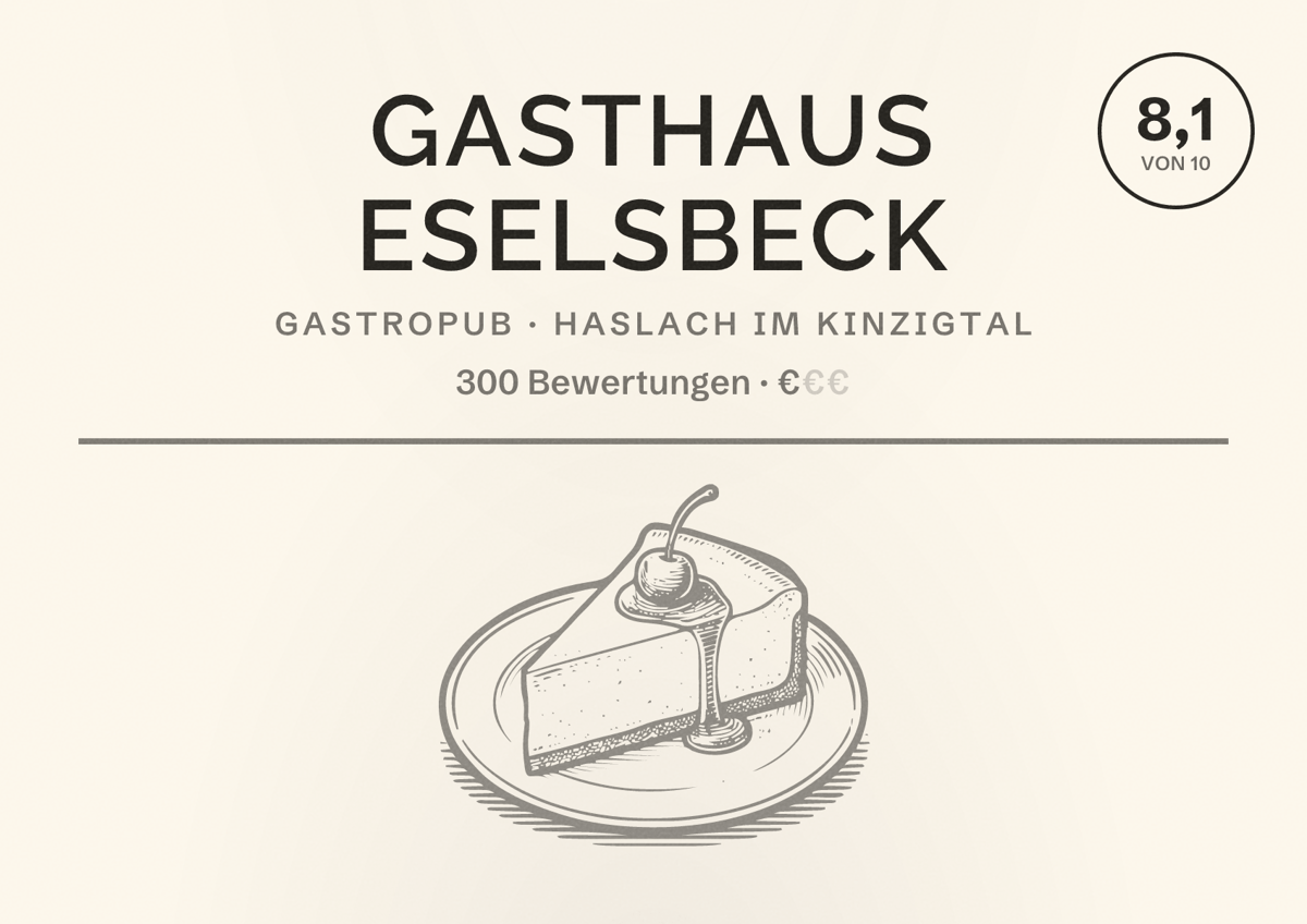 Illustriertes Poster von Gasthaus Eselsbeck, Gastropub in Haslach im Kinzigtal: Bewertung 8,1 von 10 aus 300 Bewertungen, Preisniveau €