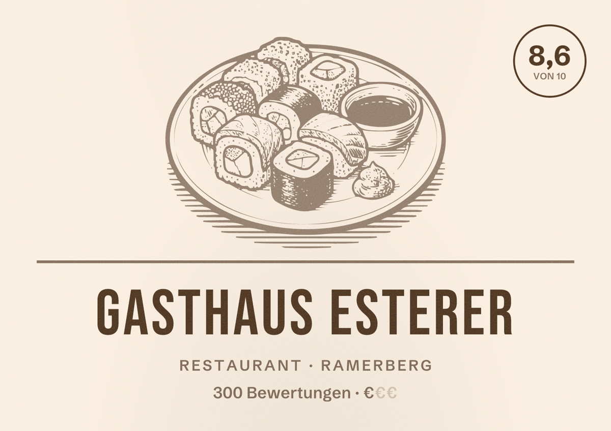 Illustriertes Poster von Gasthaus Esterer, Restaurant in Ramerberg: Bewertung 8,6 von 10 aus 300 Bewertungen, Preisniveau €