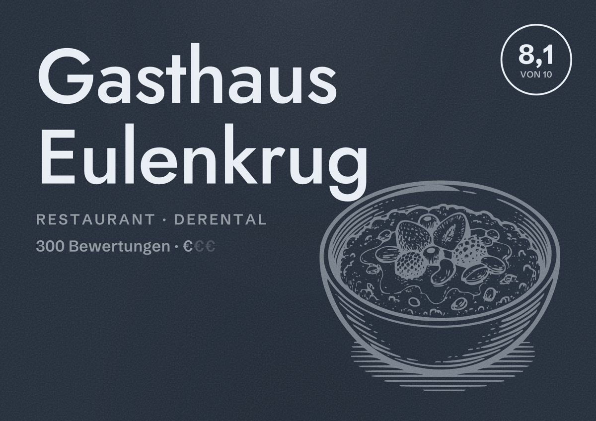 Illustriertes Poster von Gasthaus Eulenkrug, Restaurant in Derental: Bewertung 8,1 von 10 aus 300 Bewertungen, Preisniveau €