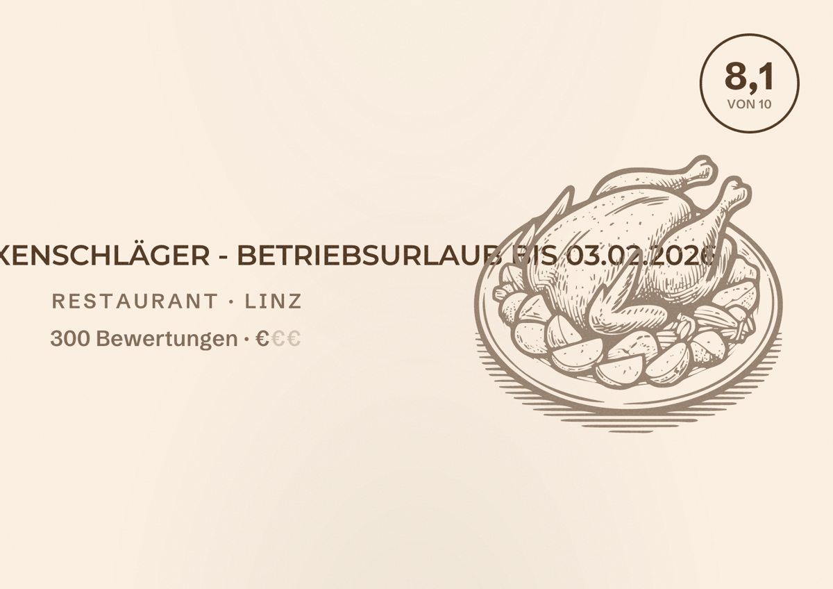 Illustriertes Poster von GASTHAUS EXENSCHLÄGER - BETRIEBSURLAUB BIS 03.02.2026, Restaurant in Linz: Bewertung 8,1 von 10 aus 300 Bewertungen, Preisniveau €