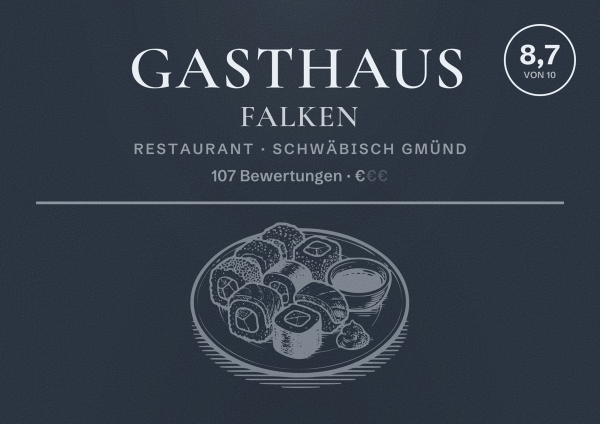 Illustriertes Poster von Gasthaus Falken, Restaurant in Schwäbisch Gmünd: Bewertung 8,7 von 10 aus 107 Bewertungen, Preisniveau €