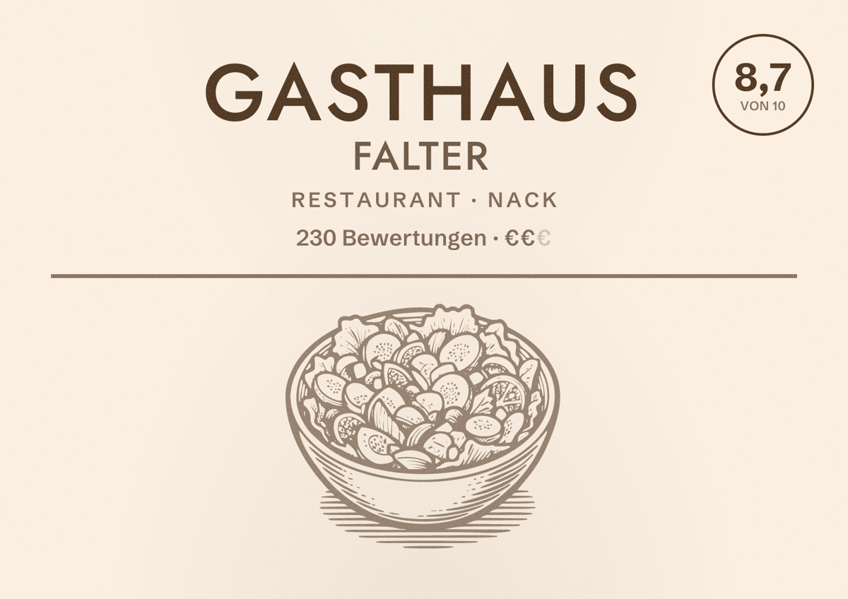 Illustriertes Poster von Gasthaus Falter, Restaurant in Nack: Bewertung 8,7 von 10 aus 230 Bewertungen, Preisniveau €€