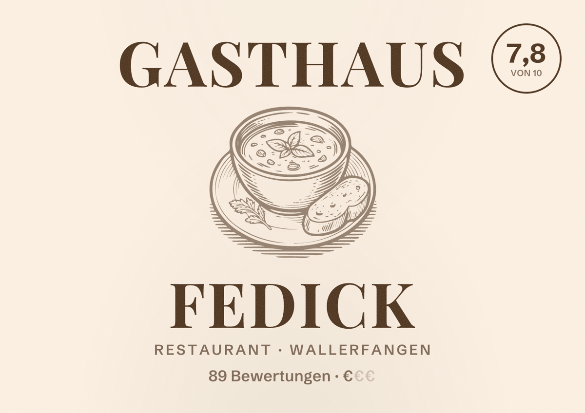 Illustriertes Poster von Gasthaus Fedick, Restaurant in Wallerfangen: Bewertung 7,8 von 10 aus 89 Bewertungen, Preisniveau €