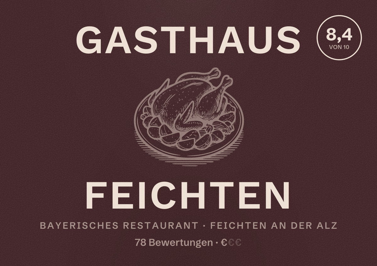 Illustriertes Poster von Gasthaus Feichten, Bayerisches Restaurant in Feichten an der Alz: Bewertung 8,4 von 10 aus 78 Bewertungen, Preisniveau €