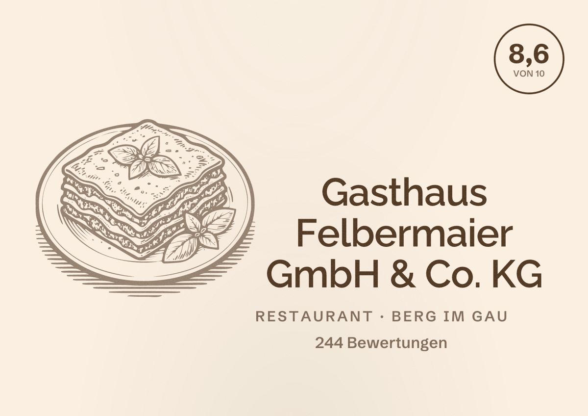 Illustriertes Poster von Gasthaus Felbermaier GmbH & Co. KG, Restaurant in Berg im Gau: Bewertung 8,6 von 10 aus 244 Bewertungen
