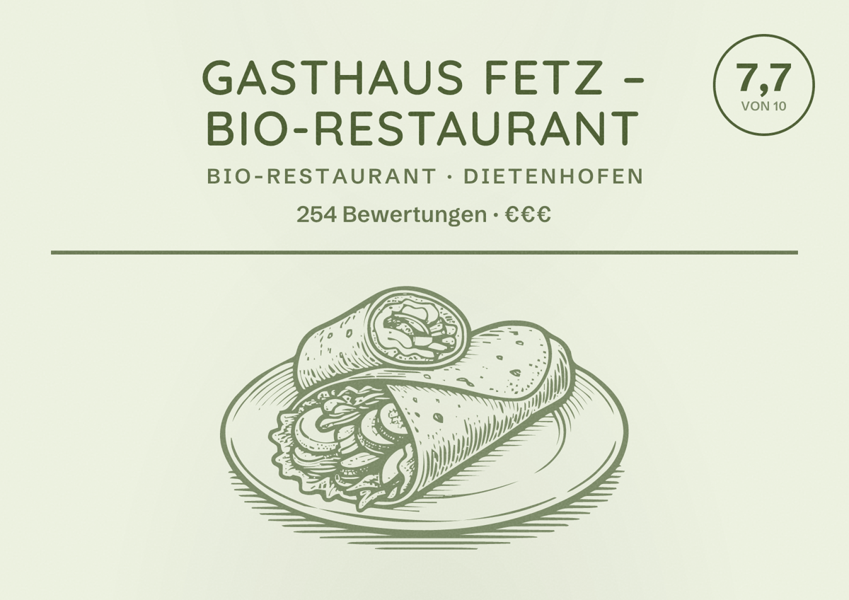 Illustriertes Poster von Gasthaus Fetz – Bio-Restaurant, Bio-Restaurant in Dietenhofen: Bewertung 7,7 von 10 aus 254 Bewertungen, Preisniveau €€€