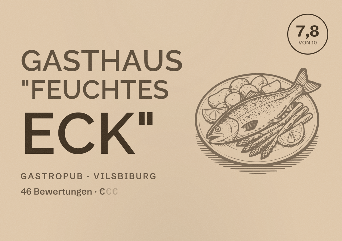 Illustriertes Poster von Gasthaus "Feuchtes Eck", Gastropub in Vilsbiburg: Bewertung 7,8 von 10 aus 46 Bewertungen, Preisniveau €