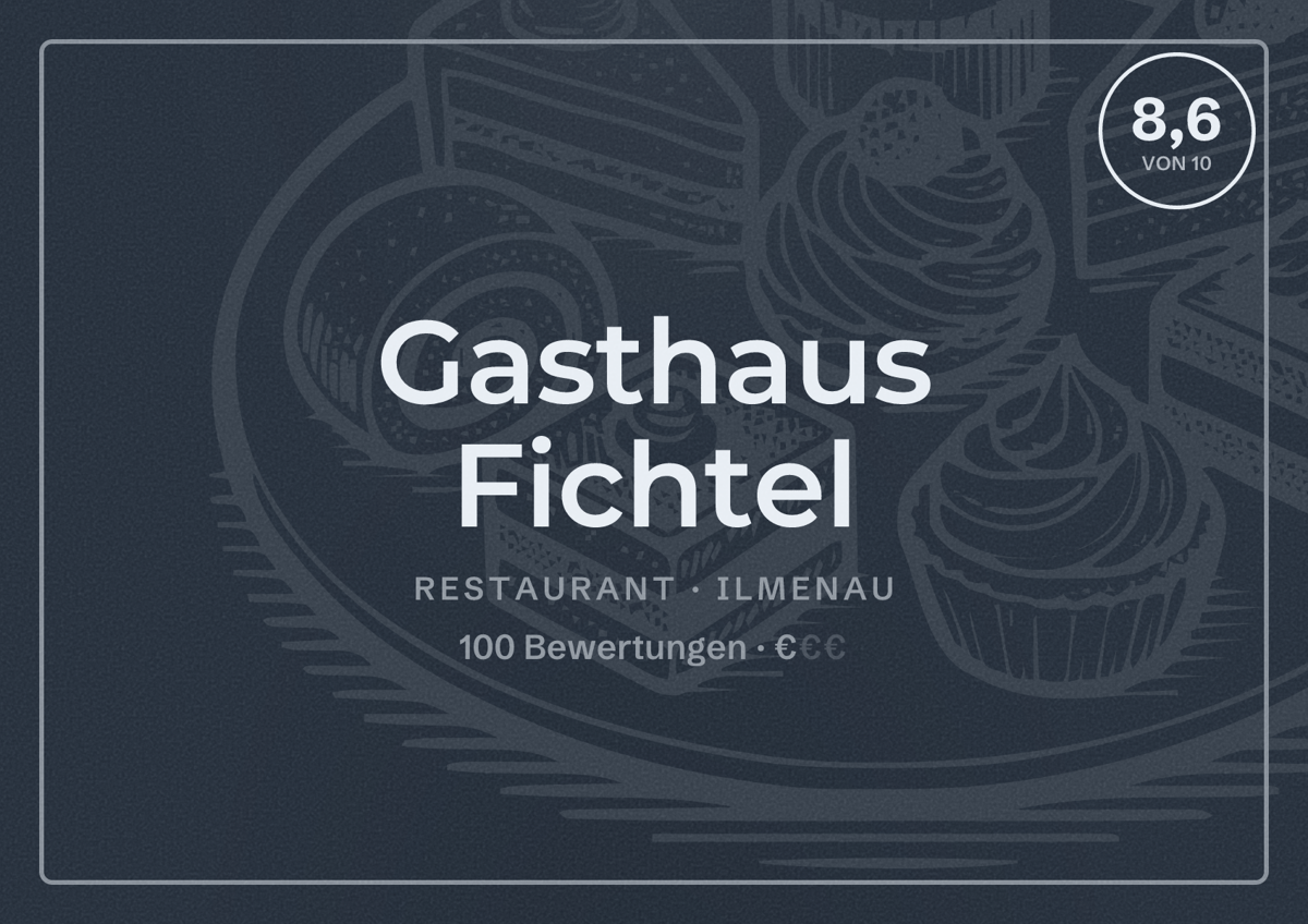 Illustriertes Poster von Gasthaus Fichtel, Restaurant in Ilmenau: Bewertung 8,6 von 10 aus 100 Bewertungen, Preisniveau €
