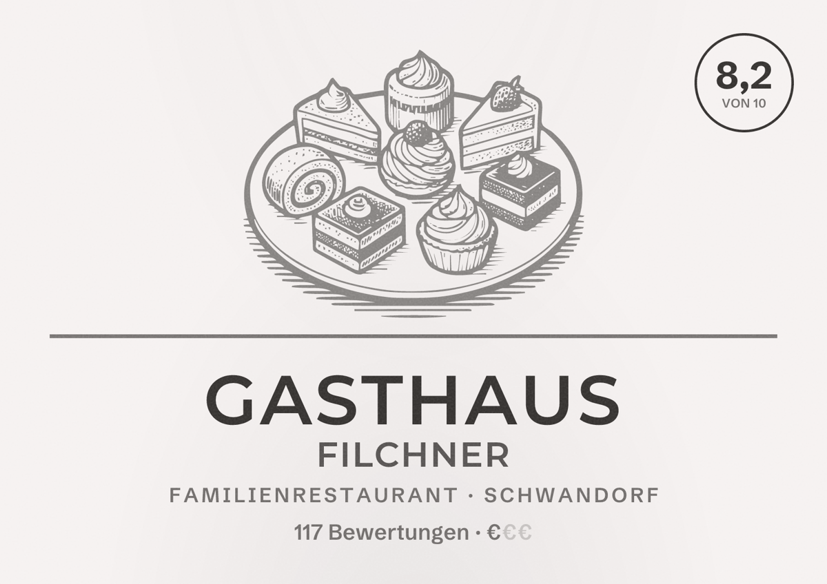 Illustriertes Poster von Gasthaus Filchner, Familienrestaurant in Schwandorf: Bewertung 8,2 von 10 aus 117 Bewertungen, Preisniveau €