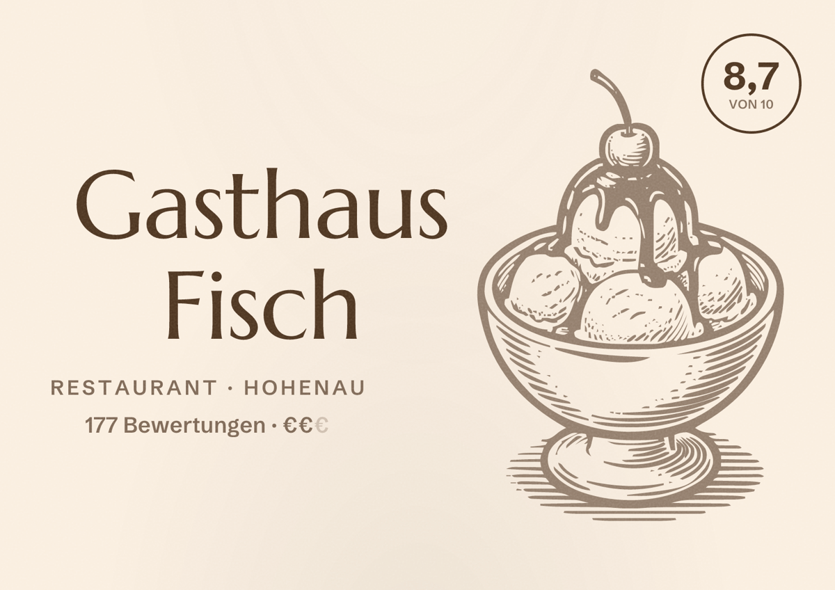 Illustriertes Poster von Gasthaus Fisch, Restaurant in Hohenau: Bewertung 8,7 von 10 aus 177 Bewertungen, Preisniveau €€