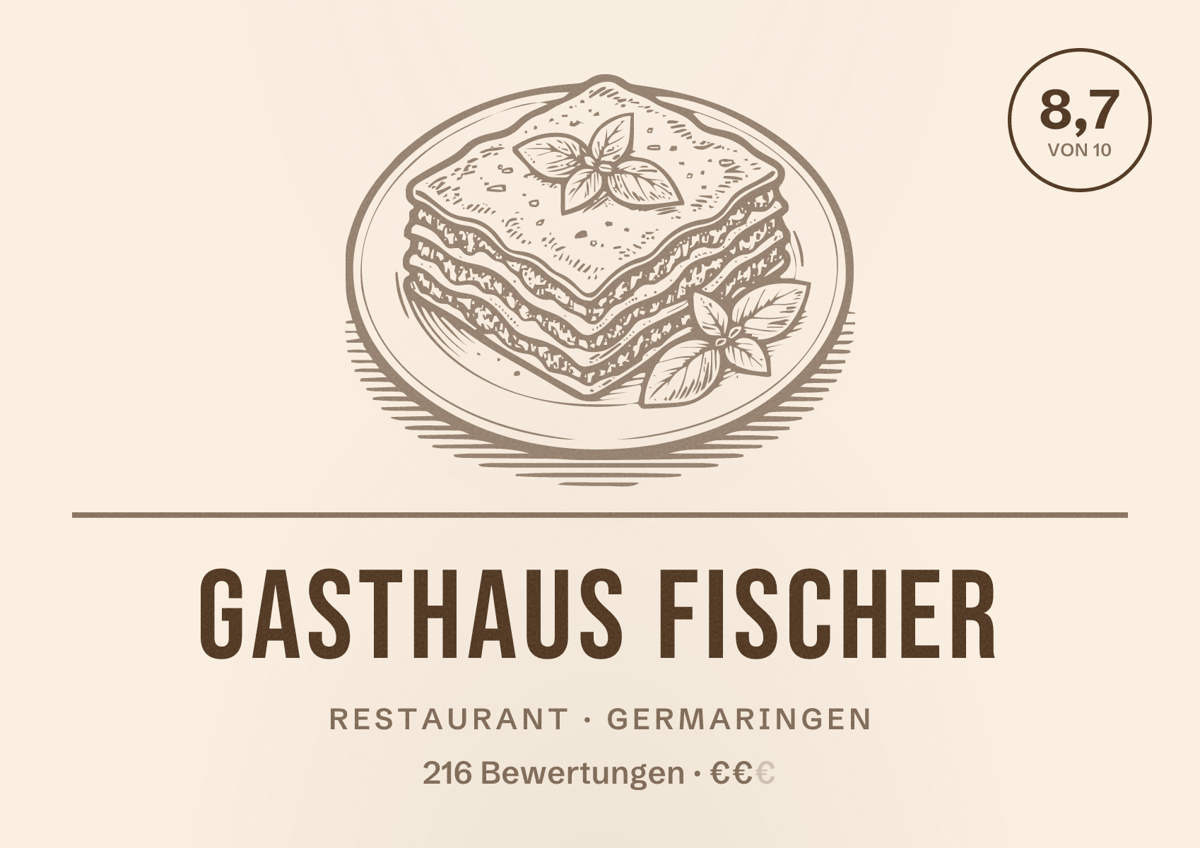 Illustriertes Poster von Gasthaus Fischer, Restaurant in Germaringen: Bewertung 8,7 von 10 aus 216 Bewertungen, Preisniveau €€