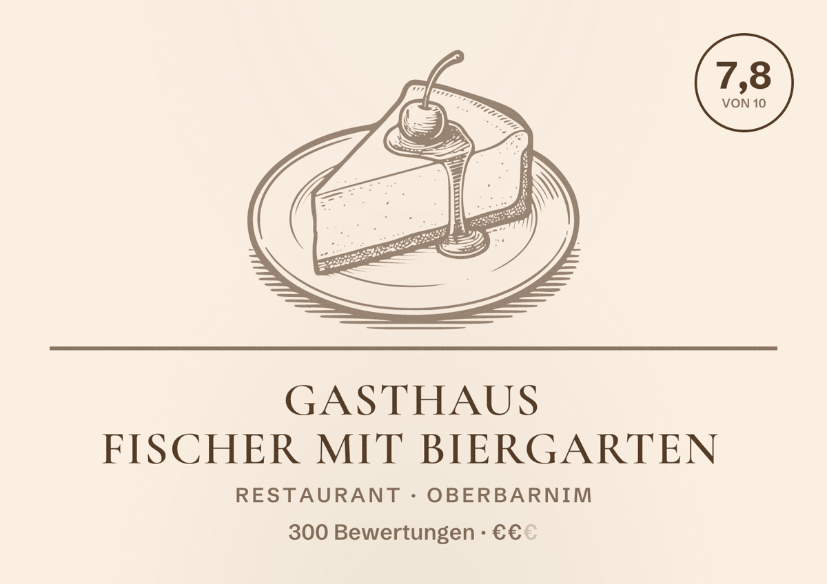 Illustriertes Poster von Gasthaus Fischer mit Biergarten, Restaurant in Oberbarnim: Bewertung 7,8 von 10 aus 300 Bewertungen, Preisniveau €€