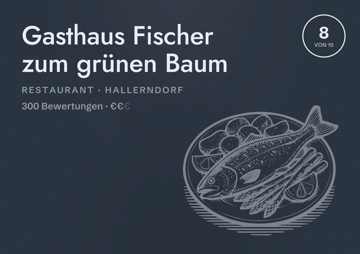 Illustriertes Poster von Gasthaus Fischer zum grünen Baum, Restaurant in Hallerndorf: Bewertung 8 von 10 aus 300 Bewertungen, Preisniveau €€