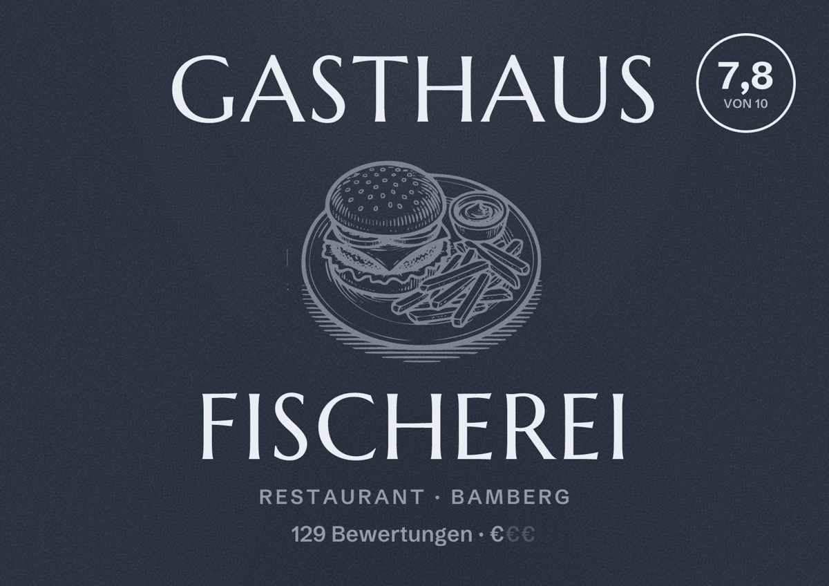 Illustriertes Poster von Gasthaus Fischerei, Restaurant in Bamberg: Bewertung 7,8 von 10 aus 129 Bewertungen, Preisniveau €