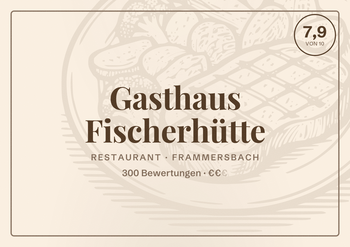 Illustriertes Poster von Gasthaus Fischerhütte, Restaurant in Frammersbach: Bewertung 7,9 von 10 aus 300 Bewertungen, Preisniveau €€