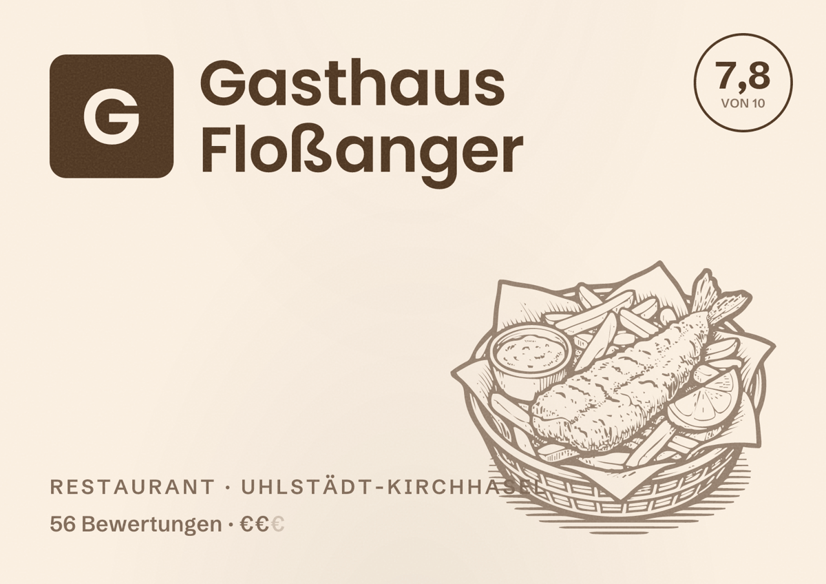 Illustriertes Poster von Gasthaus Floßanger, Restaurant in Uhlstädt-Kirchhasel: Bewertung 7,8 von 10 aus 56 Bewertungen, Preisniveau €€