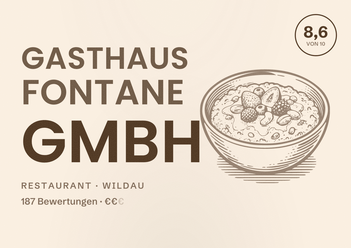 Illustriertes Poster von Gasthaus Fontane GmbH, Restaurant in Wildau: Bewertung 8,6 von 10 aus 187 Bewertungen, Preisniveau €€