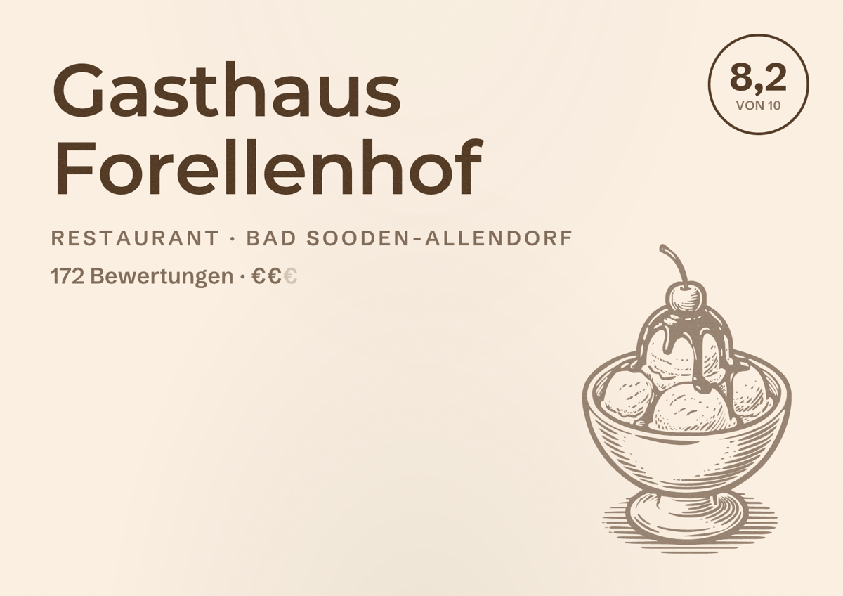 Illustriertes Poster von Gasthaus Forellenhof, Restaurant in Bad Sooden-Allendorf: Bewertung 8,2 von 10 aus 172 Bewertungen, Preisniveau €€