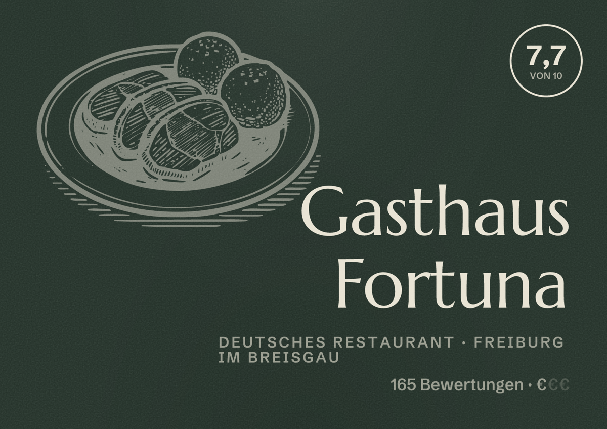 Illustriertes Poster von Gasthaus Fortuna, Deutsches Restaurant in Freiburg im Breisgau: Bewertung 7,7 von 10 aus 165 Bewertungen, Preisniveau €