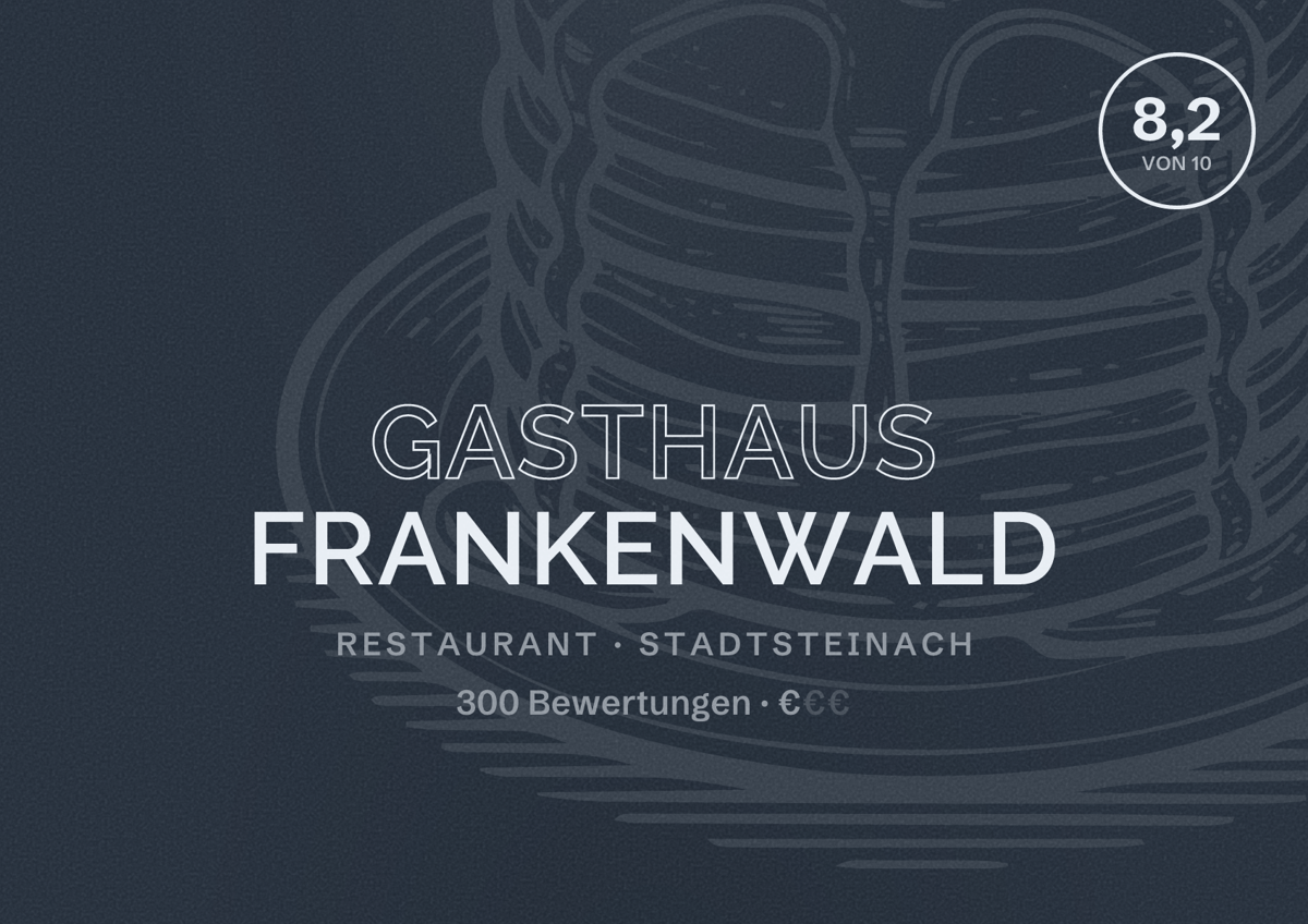 Illustriertes Poster von Gasthaus Frankenwald, Restaurant in Stadtsteinach: Bewertung 8,2 von 10 aus 300 Bewertungen, Preisniveau €