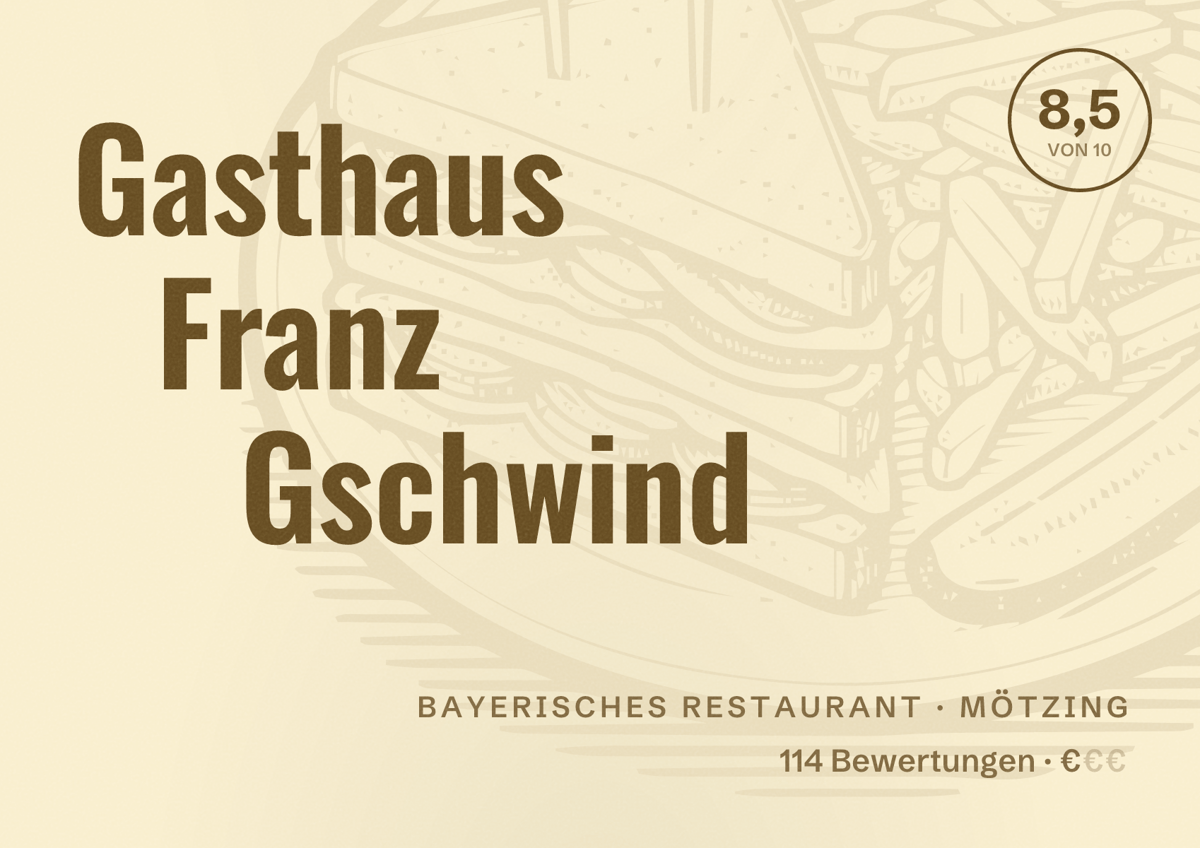 Illustriertes Poster von Gasthaus Franz Gschwind, Bayerisches Restaurant in Mötzing: Bewertung 8,5 von 10 aus 114 Bewertungen, Preisniveau €