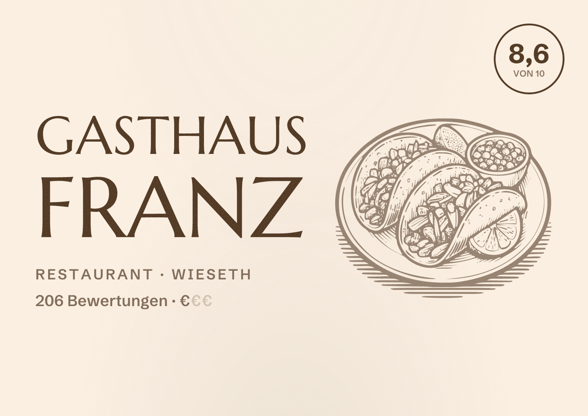 Illustriertes Poster von Gasthaus Franz, Restaurant in Wieseth: Bewertung 8,6 von 10 aus 206 Bewertungen, Preisniveau €