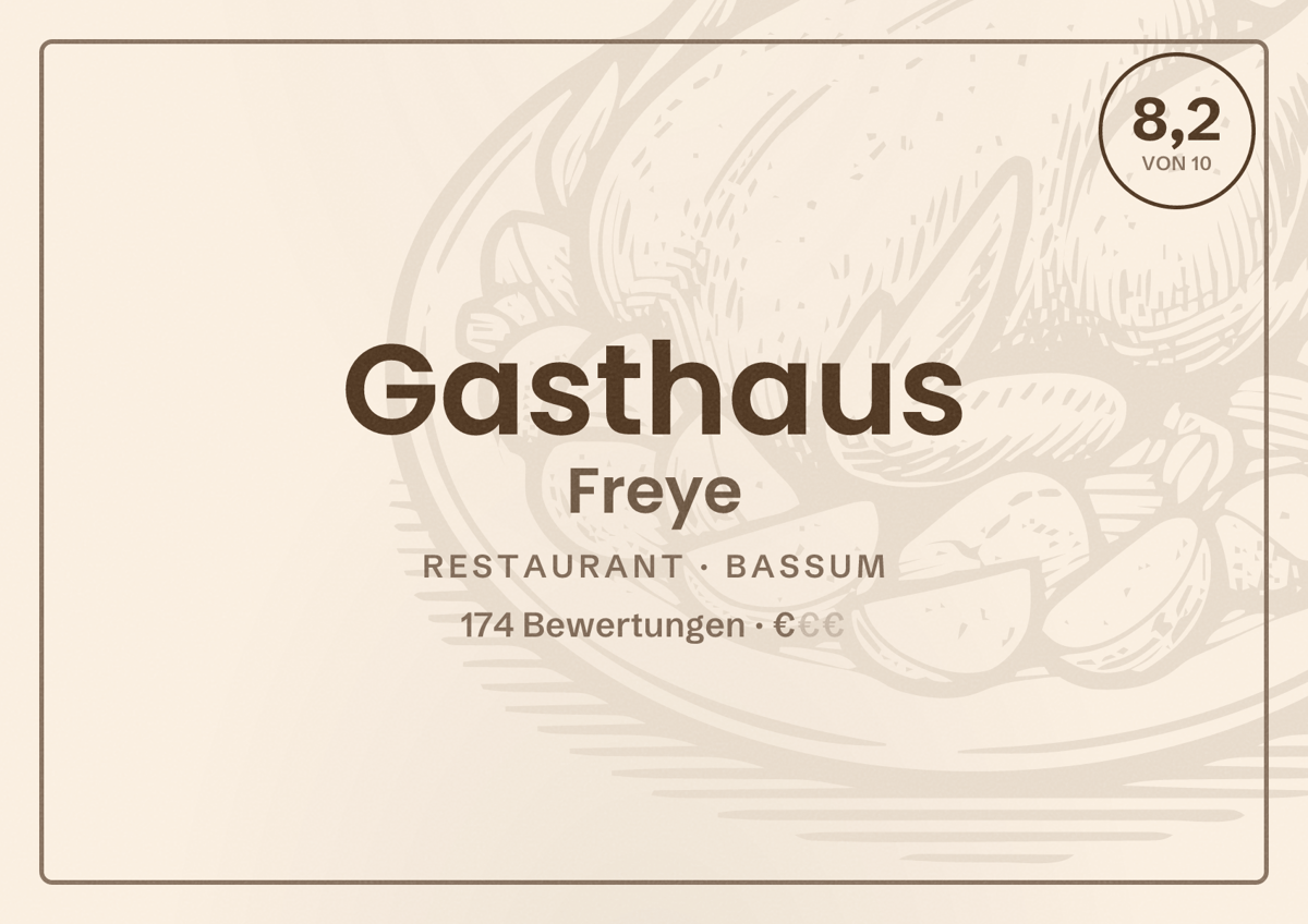 Illustriertes Poster von Gasthaus Freye, Restaurant in Bassum: Bewertung 8,2 von 10 aus 174 Bewertungen, Preisniveau €