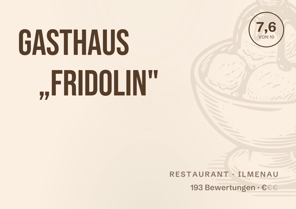 Illustriertes Poster von Gasthaus „Fridolin", Restaurant in Ilmenau: Bewertung 7,6 von 10 aus 193 Bewertungen, Preisniveau €