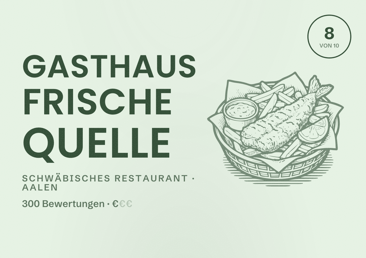 Illustriertes Poster von Gasthaus Frische Quelle, Schwäbisches Restaurant in Aalen: Bewertung 8 von 10 aus 300 Bewertungen, Preisniveau €