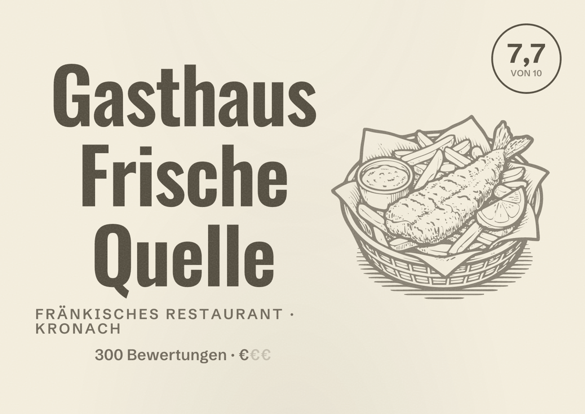 Illustriertes Poster von Gasthaus Frische Quelle, Fränkisches Restaurant in Kronach: Bewertung 7,7 von 10 aus 300 Bewertungen, Preisniveau €