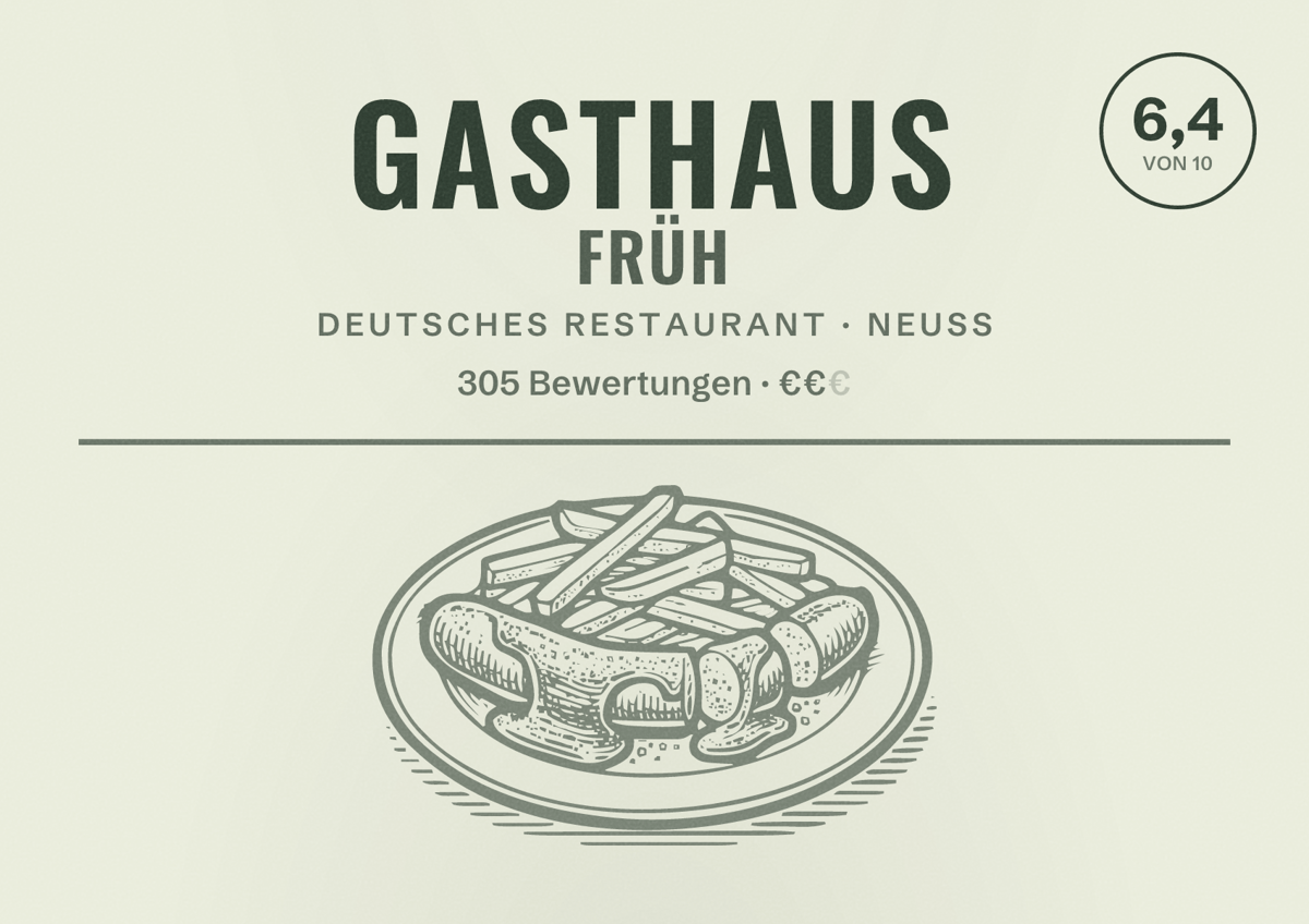 Illustriertes Poster von Gasthaus Früh, Deutsches Restaurant in Neuss: Bewertung 6,4 von 10 aus 305 Bewertungen, Preisniveau €€