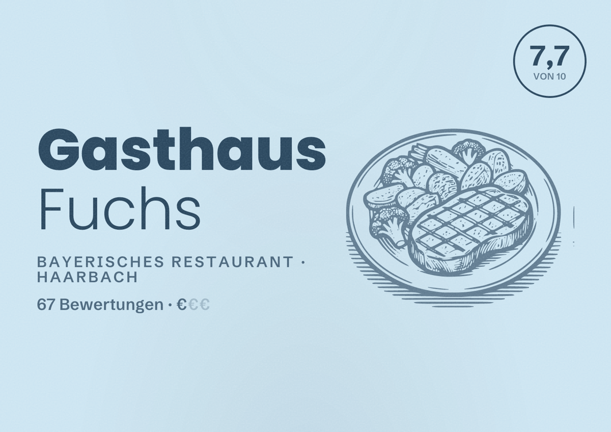 Illustriertes Poster von Gasthaus Fuchs, Bayerisches Restaurant in Haarbach: Bewertung 7,7 von 10 aus 67 Bewertungen, Preisniveau €