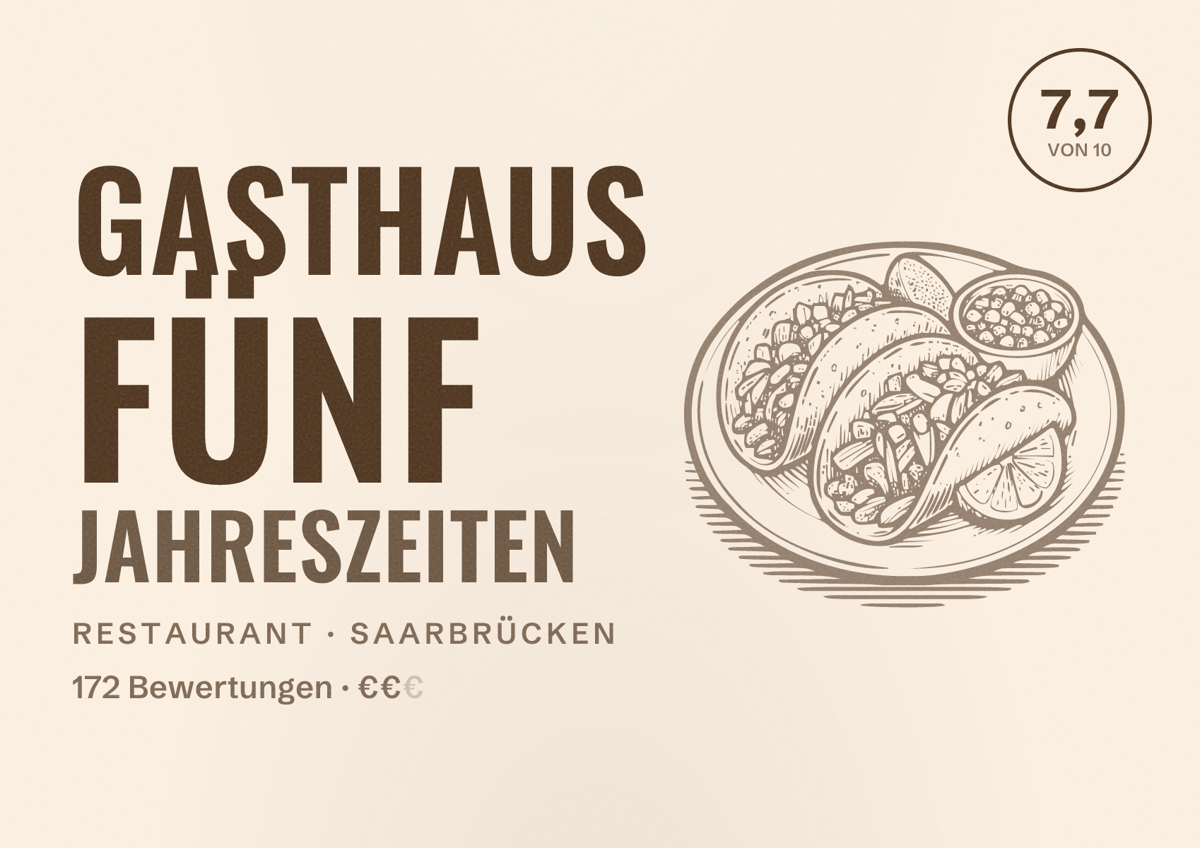 Illustriertes Poster von Gasthaus Fünf Jahreszeiten, Restaurant in Saarbrücken: Bewertung 7,7 von 10 aus 172 Bewertungen, Preisniveau €€
