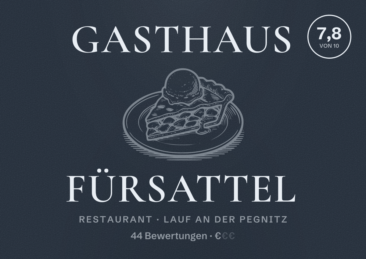 Illustriertes Poster von Gasthaus Fürsattel, Restaurant in Lauf an der Pegnitz: Bewertung 7,8 von 10 aus 44 Bewertungen, Preisniveau €