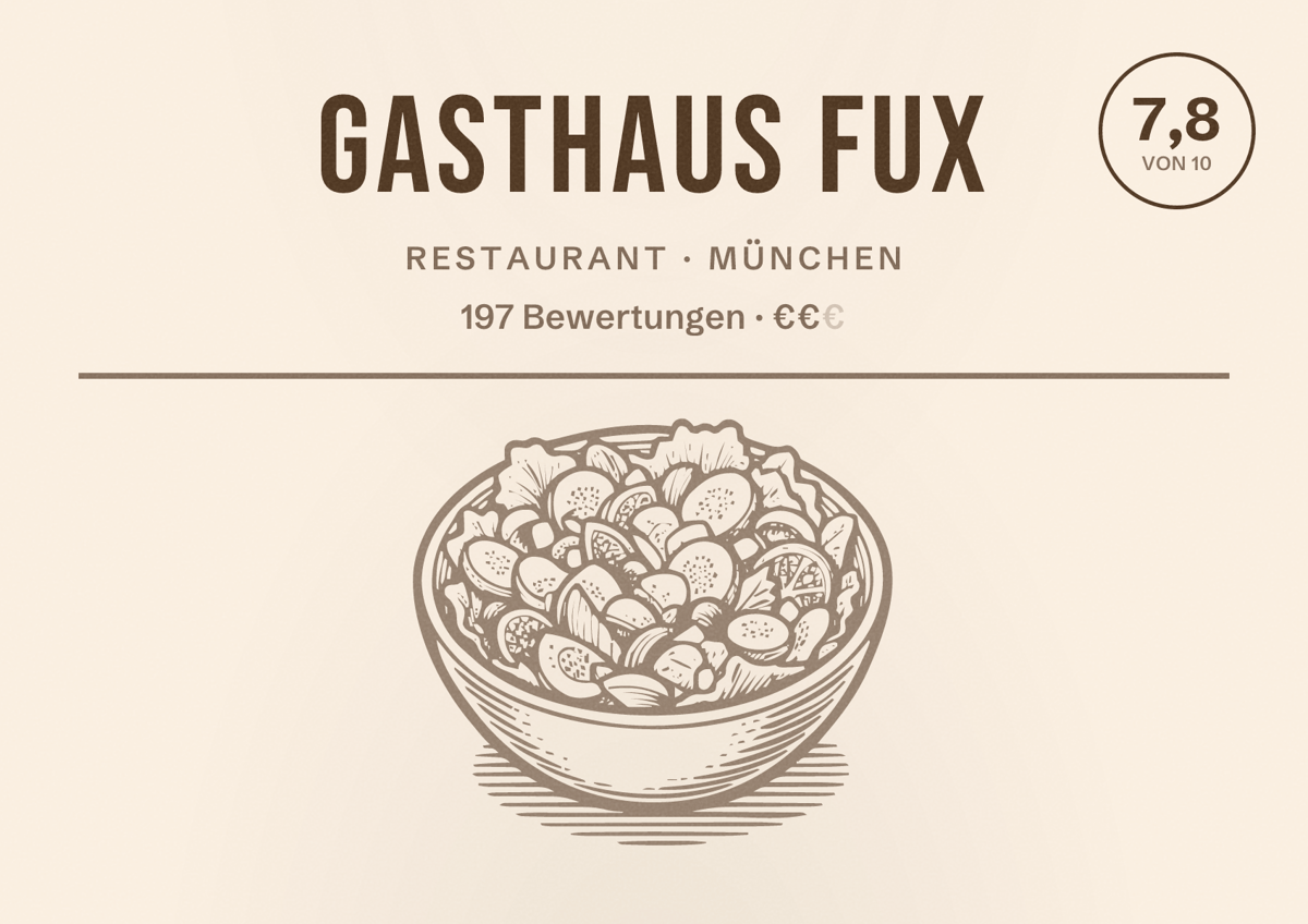 Illustriertes Poster von Gasthaus FUX, Restaurant in München: Bewertung 7,8 von 10 aus 197 Bewertungen, Preisniveau €€