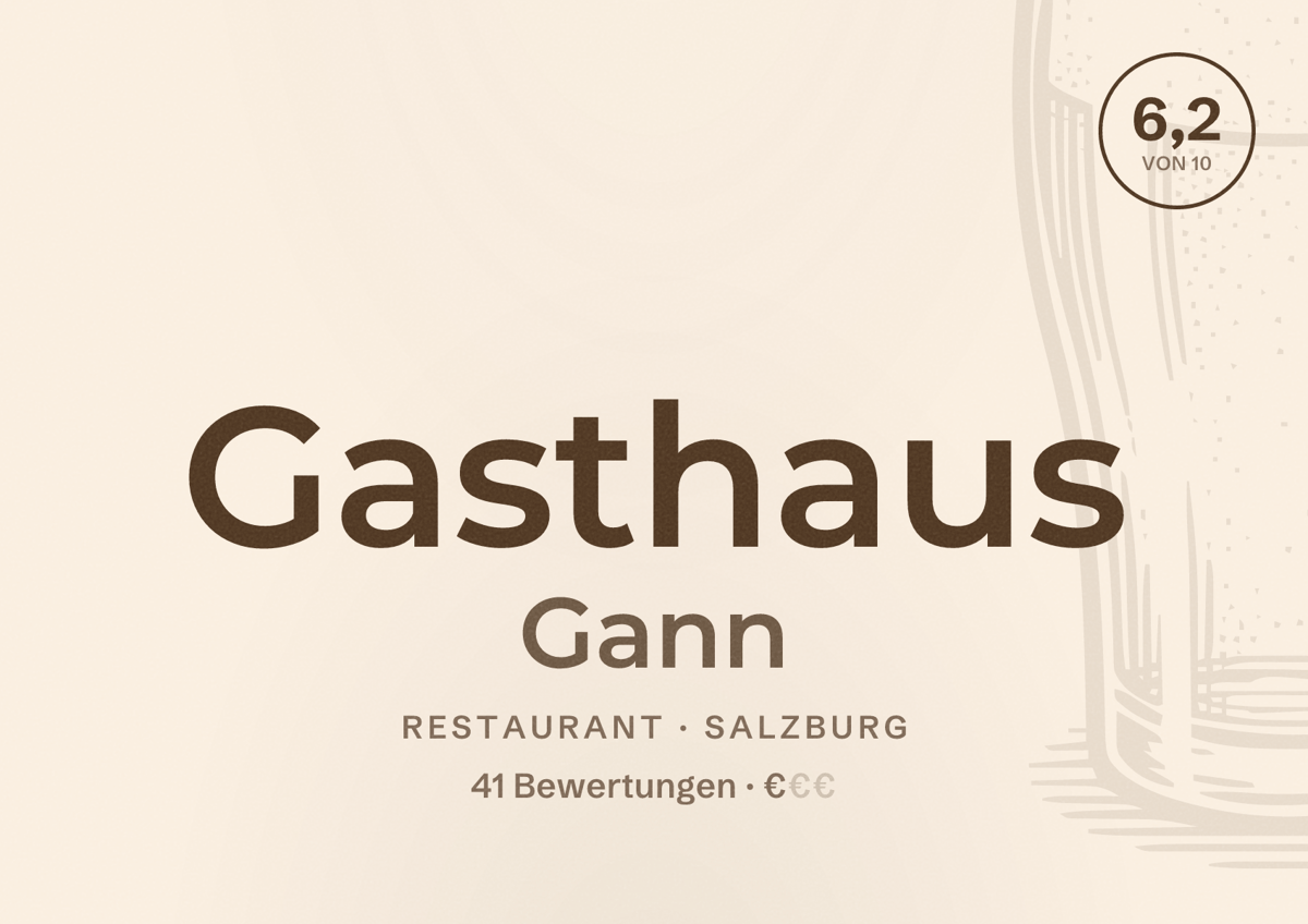Illustriertes Poster von Gasthaus Gann, Restaurant in Salzburg: Bewertung 6,2 von 10 aus 41 Bewertungen, Preisniveau €