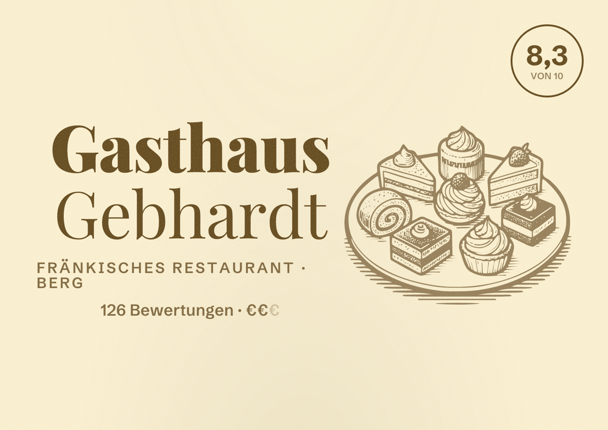 Illustriertes Poster von Gasthaus Gebhardt, Fränkisches Restaurant in Berg: Bewertung 8,3 von 10 aus 126 Bewertungen, Preisniveau €€