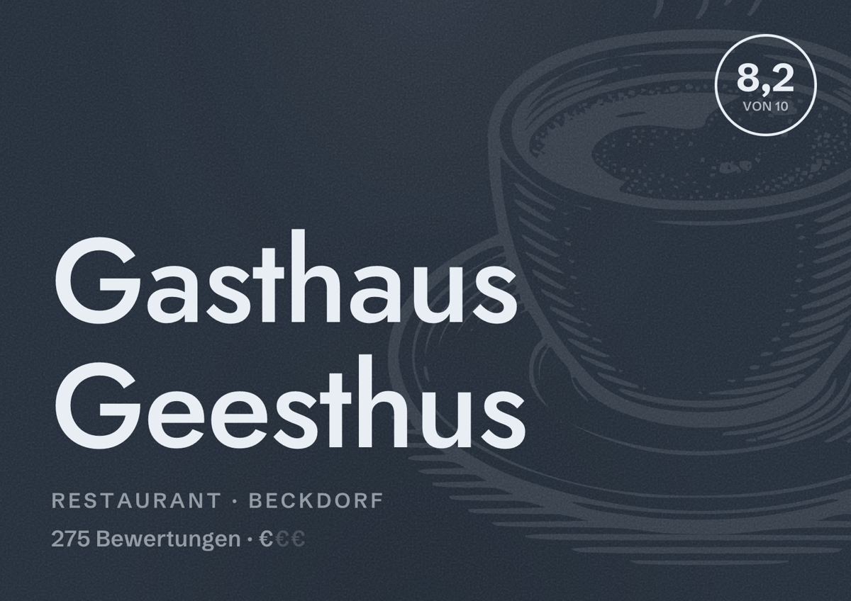 Illustriertes Poster von Gasthaus Geesthus, Restaurant in Beckdorf: Bewertung 8,2 von 10 aus 275 Bewertungen, Preisniveau €