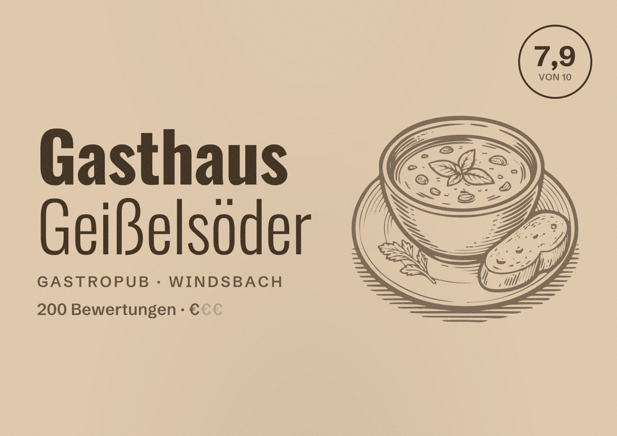 Illustriertes Poster von Gasthaus Geißelsöder, Gastropub in Windsbach: Bewertung 7,9 von 10 aus 200 Bewertungen, Preisniveau €