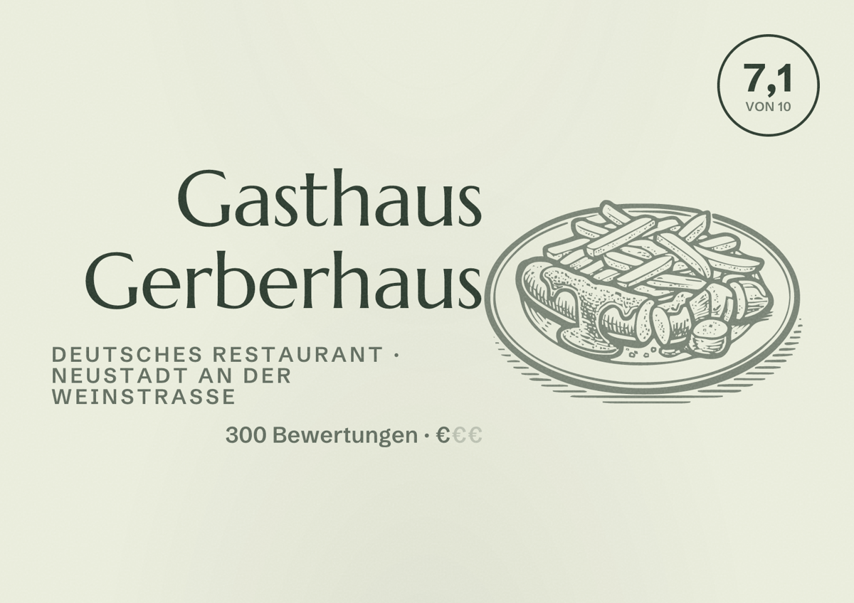 Illustriertes Poster von Gasthaus Gerberhaus, Deutsches Restaurant in Neustadt an der Weinstraße: Bewertung 7,1 von 10 aus 300 Bewertungen, Preisniveau €