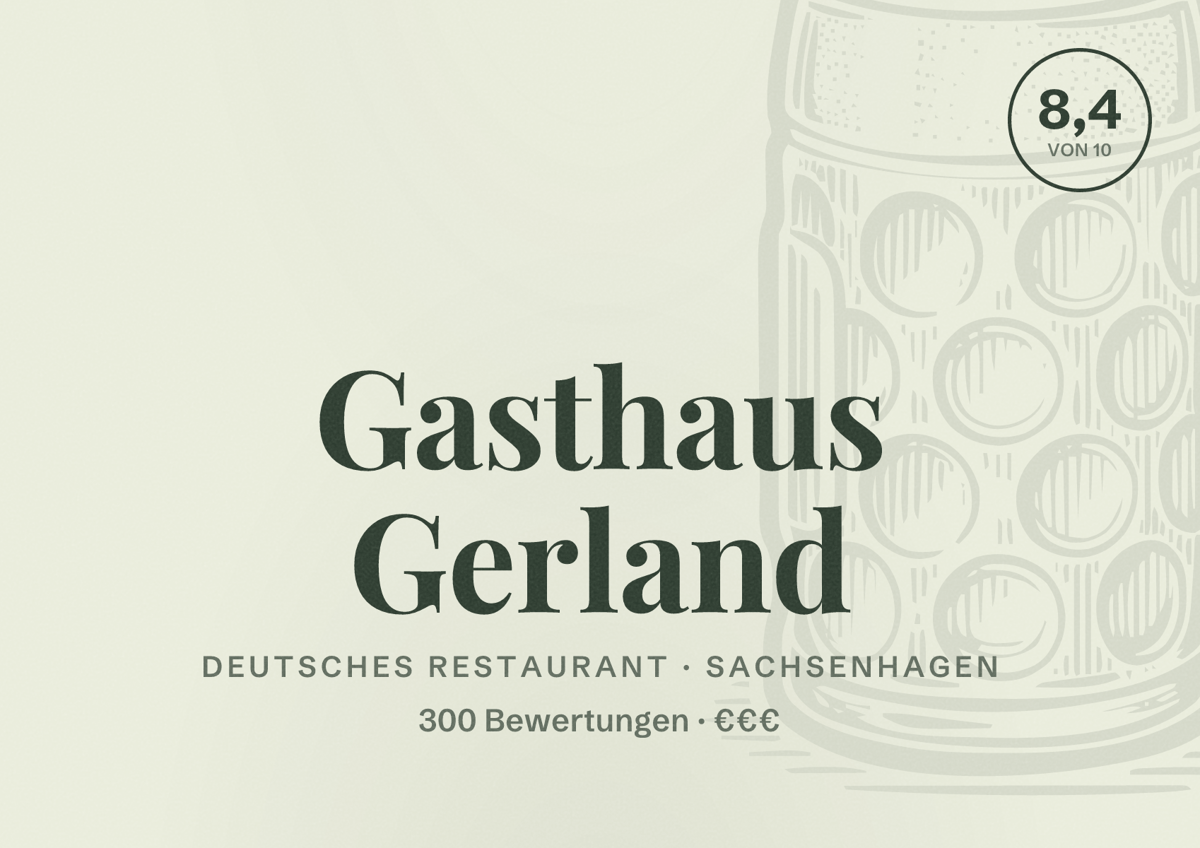 Illustriertes Poster von Gasthaus Gerland, Deutsches Restaurant in Sachsenhagen: Bewertung 8,4 von 10 aus 300 Bewertungen, Preisniveau €€€